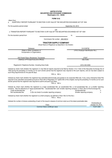Miniature Tractor Supply 10-Q Rapport trimestriel 2010 