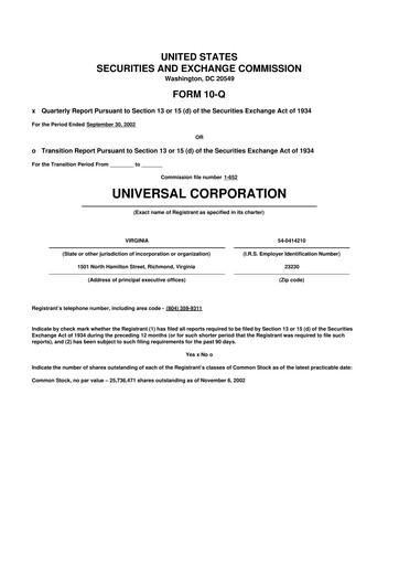 Thumbnail Universal Corporation
 10-Q Quarterly Report FY 