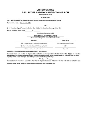 Thumbnail Universal Corporation
 10-Q Quarterly Report FY 