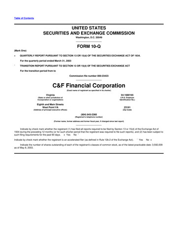 Thumbnail C&F Financial Corporation

 10-Q Quarterly Report FY 