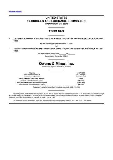 Thumbnail Owens & Minor

 10-Q Quarterly Report FY 
