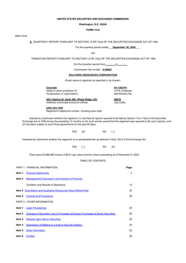Thumbnail Solitario Resources
 10-Q Quarterly Report FY 