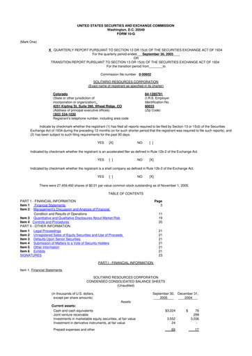 Thumbnail Solitario Resources
 10-Q Quarterly Report FY 