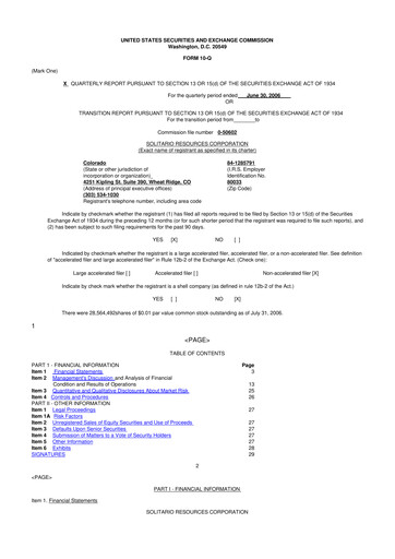 Thumbnail Solitario Resources
 10-Q Quarterly Report FY 