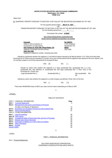 Thumbnail Solitario Resources
 10-Q Quarterly Report FY 