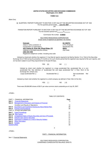 Thumbnail Solitario Resources
 10-Q Quarterly Report FY 