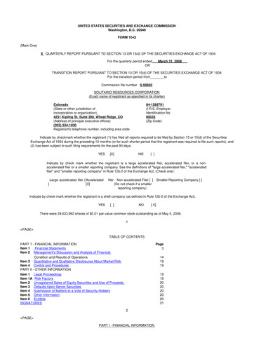 Thumbnail Solitario Resources
 10-Q Quarterly Report FY 
