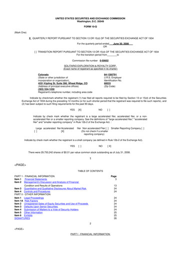 Thumbnail Solitario Resources
 10-Q Quarterly Report FY 