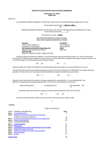 Thumbnail Solitario Resources
 10-Q Quarterly Report FY 