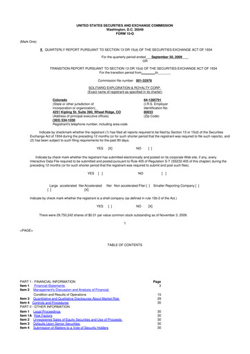 Thumbnail Solitario Resources
 10-Q Quarterly Report FY 