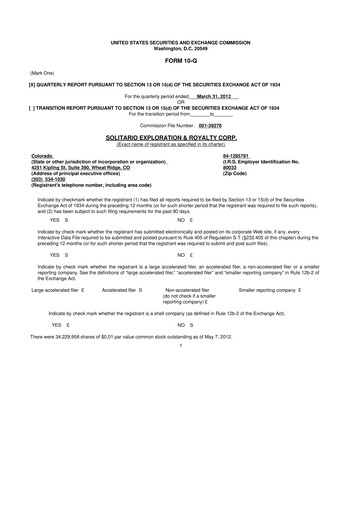 Thumbnail Solitario Resources
 10-Q Quarterly Report FY2012 