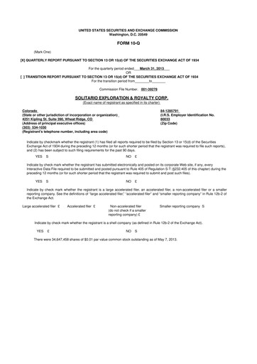 Thumbnail Solitario Resources
 10-Q Quarterly Report FY2013 
