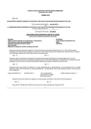 Thumbnail Solitario Resources
 10-Q Quarterly Report FY2013 