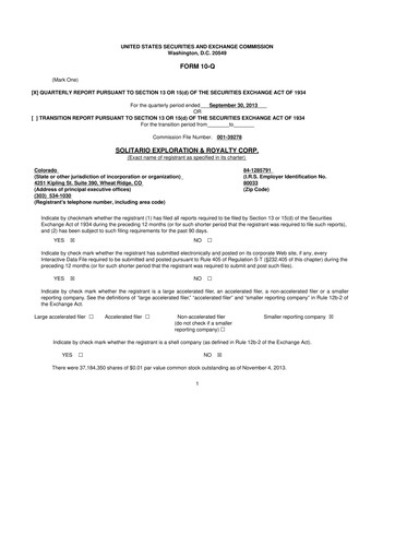 Thumbnail Solitario Resources
 10-Q Quarterly Report FY2013 