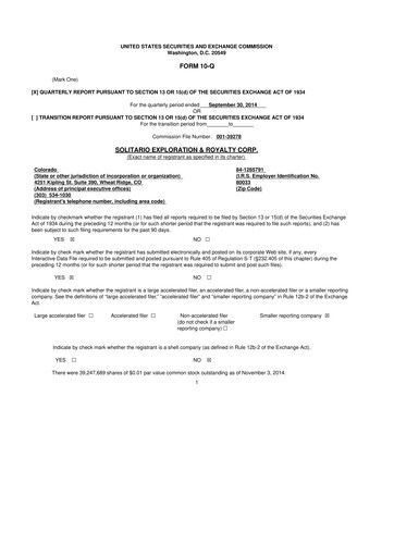 Thumbnail Solitario Resources
 10-Q Quarterly Report FY2014 