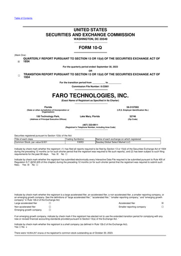 Miniature Faro Technologies
 10-Q Rapport trimestriel 2023 