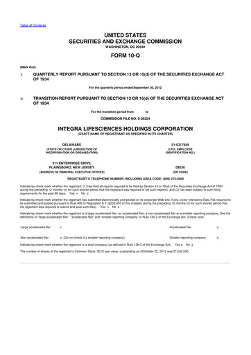 Thumbnail Integra LifeSciences 10-Q Quarterly Report FY2012 