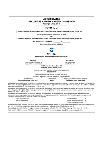 Thumbnail NN, Inc.
 10-Q Quarterly Report FY 