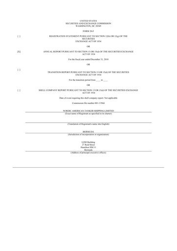 Thumbnail Nordic American Tankers 20-F Annual Report 