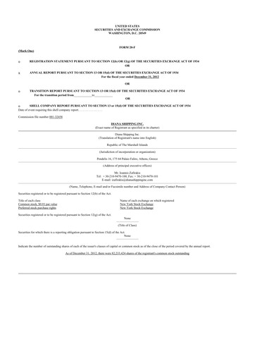 Miniature Diana Shipping 20-F Rapport annuel 2012