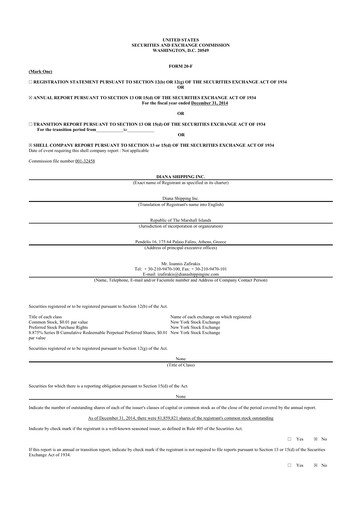 Miniature Diana Shipping 20-F Rapport annuel 2014