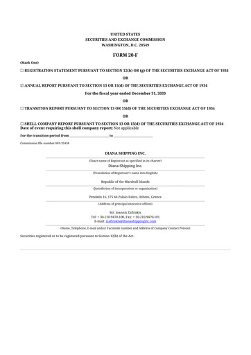 Miniature Diana Shipping 20-F Rapport annuel 2020