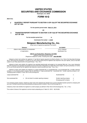 Thumbnail Simpson Manufacturing Company
 10-Q Quarterly Report FY2018 