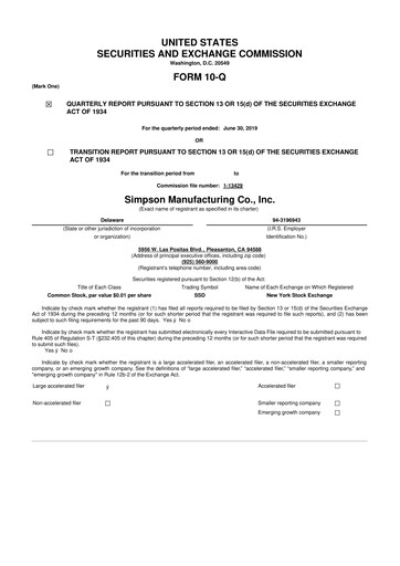Thumbnail Simpson Manufacturing Company
 10-Q Quarterly Report FY2019 