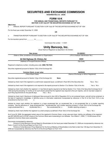 Thumbnail Unity Bancorp 10-K Annual Report 