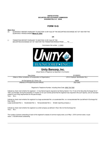 Thumbnail Unity Bancorp 10-Q Quarterly Report FY 