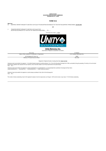 Thumbnail Unity Bancorp 10-Q Quarterly Report FY 