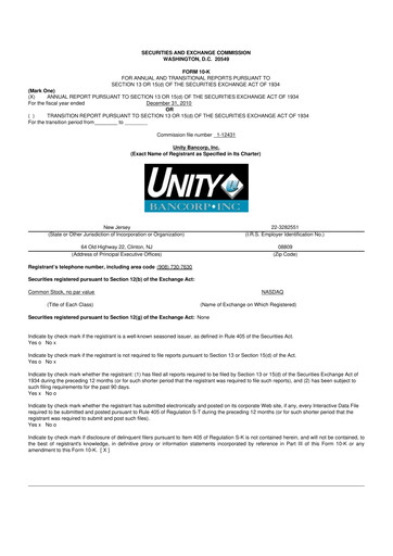 Thumbnail Unity Bancorp 10-K Annual Report 