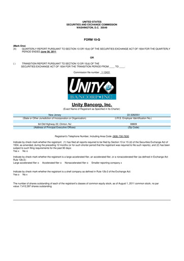 Thumbnail Unity Bancorp 10-Q Quarterly Report FY 