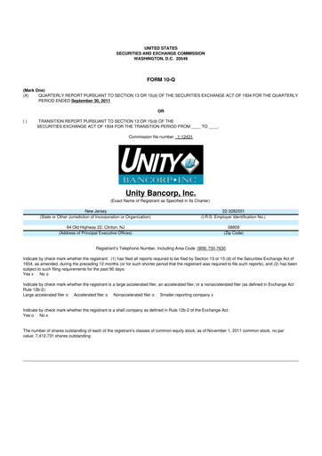 Thumbnail Unity Bancorp 10-Q Quarterly Report FY 