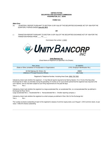 Miniature Unity Bancorp 10-Q Rapport trimestriel 2012 