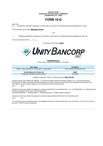 Miniature Unity Bancorp 10-Q Rapport trimestriel 2012 