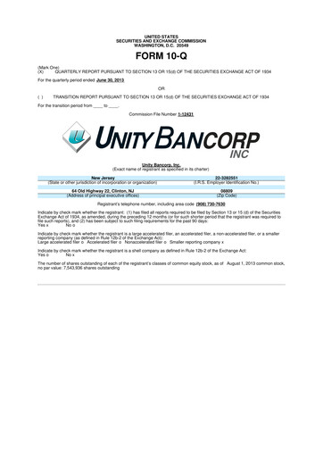 Miniature Unity Bancorp 10-Q Rapport trimestriel 2013 