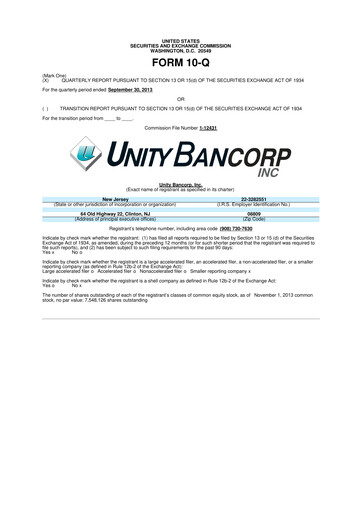 Miniature Unity Bancorp 10-Q Rapport trimestriel 2013 