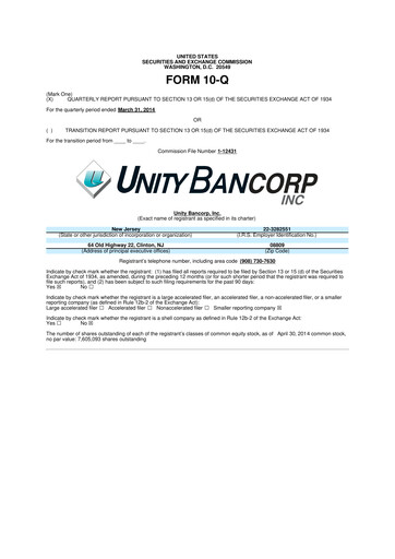 Miniature Unity Bancorp 10-Q Rapport trimestriel 2014 