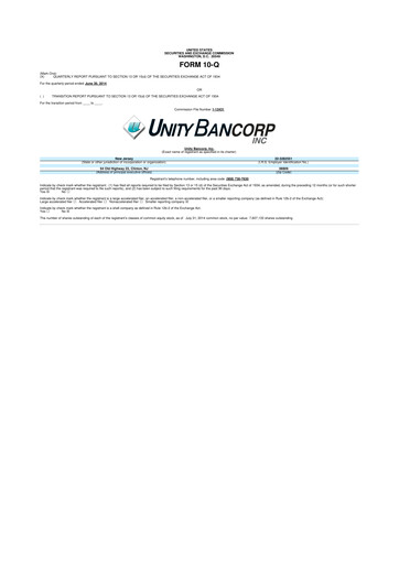 Miniature Unity Bancorp 10-Q Rapport trimestriel 2014 