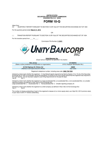 Miniature Unity Bancorp 10-Q Rapport trimestriel 2015 