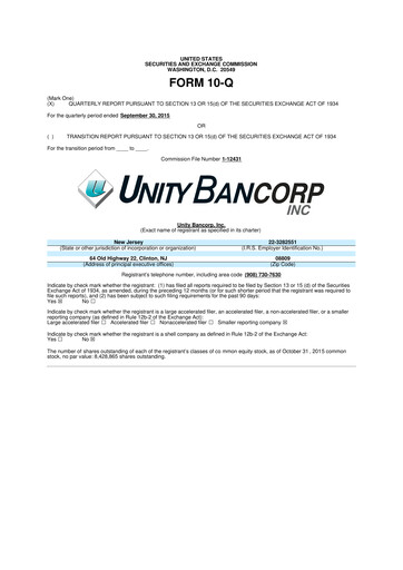 Miniature Unity Bancorp 10-Q Rapport trimestriel 2015 