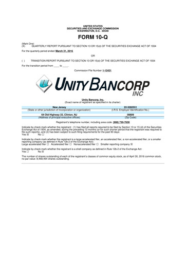Miniature Unity Bancorp 10-Q Rapport trimestriel 2016 