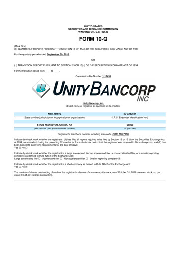 Miniature Unity Bancorp 10-Q Rapport trimestriel 2016 