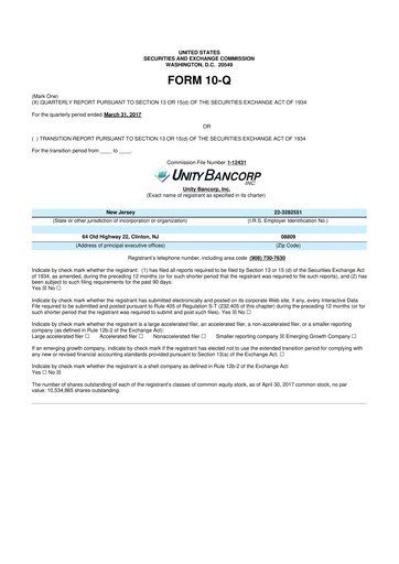 Miniature Unity Bancorp 10-Q Rapport trimestriel 2017 