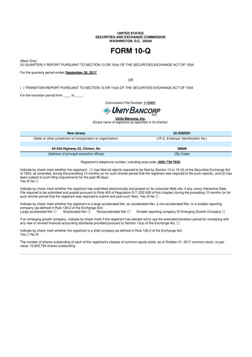 Miniature Unity Bancorp 10-Q Rapport trimestriel 2017 