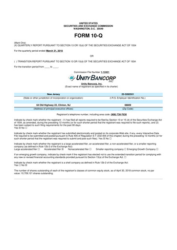 Miniature Unity Bancorp 10-Q Rapport trimestriel 2018 