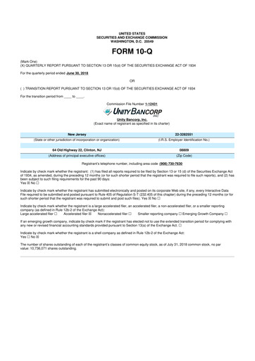 Miniature Unity Bancorp 10-Q Rapport trimestriel 2018 