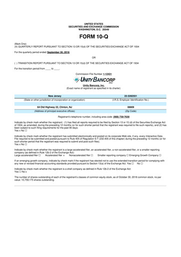 Miniature Unity Bancorp 10-Q Rapport trimestriel 2018 