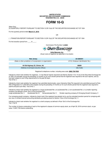 Miniature Unity Bancorp 10-Q Rapport trimestriel 2019 